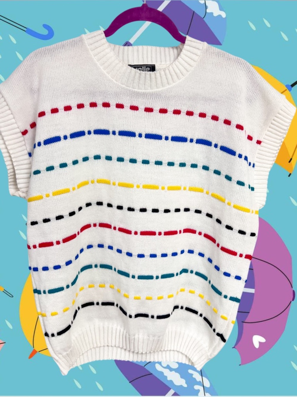 Vintage Jolie New York colorful striped white knit short sleeve sweater top